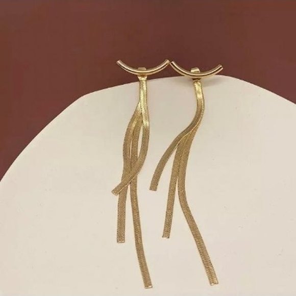 Gold Crescent Bar Tassel Earrings - Picture 2 of 2